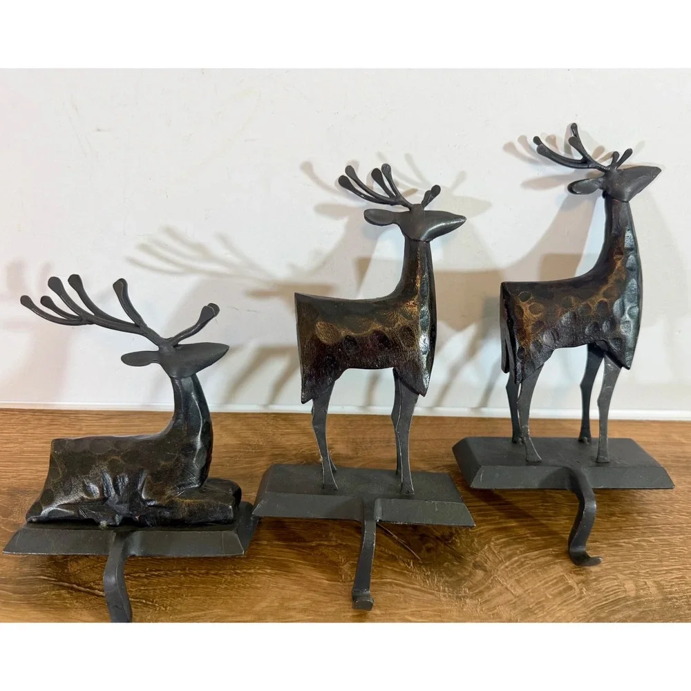 Pier 1 Metal Reindeer Stocking Holders Set of 3 Rustic Bronze Christmas Decor